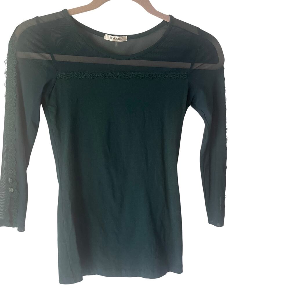 Bozzolo Women Size XS Green Sheer Neckline Witchy Fairy Fall 3/4 Sleeves‎ Top